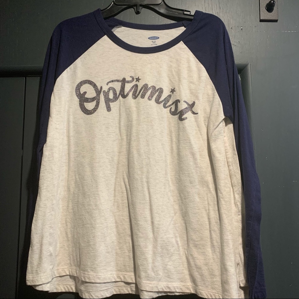 Old Navy Girls Plus Size Long Sleeve Navy and Cream Optimist Tshirt